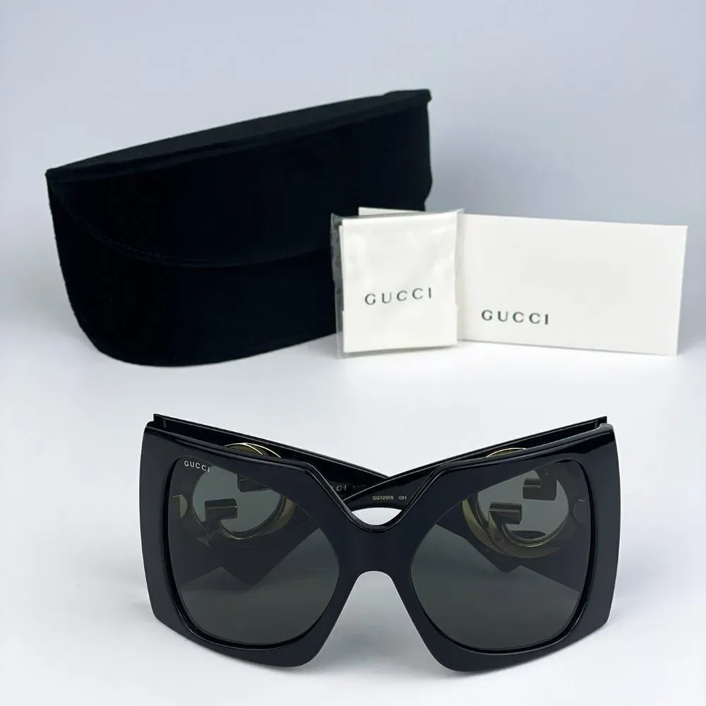 NEW Gucci GG1255S 001 Black Grey Wraparound Oversized Women Sunglasses